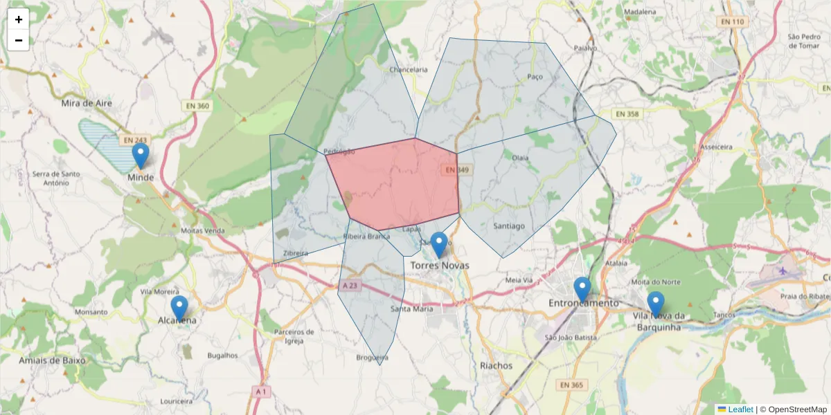Mapa detalhado do código postal 2350-113 com limites, códigos postais vizinhos e agências dos correios