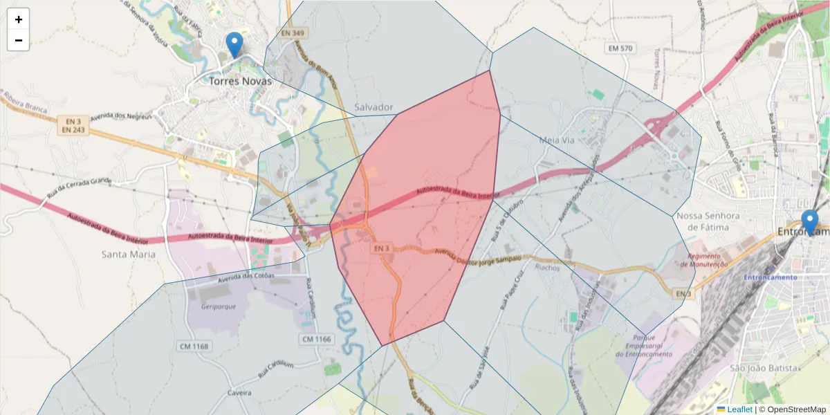 Mapa detalhado do código postal 2350-466 com limites, códigos postais vizinhos e agências dos correios