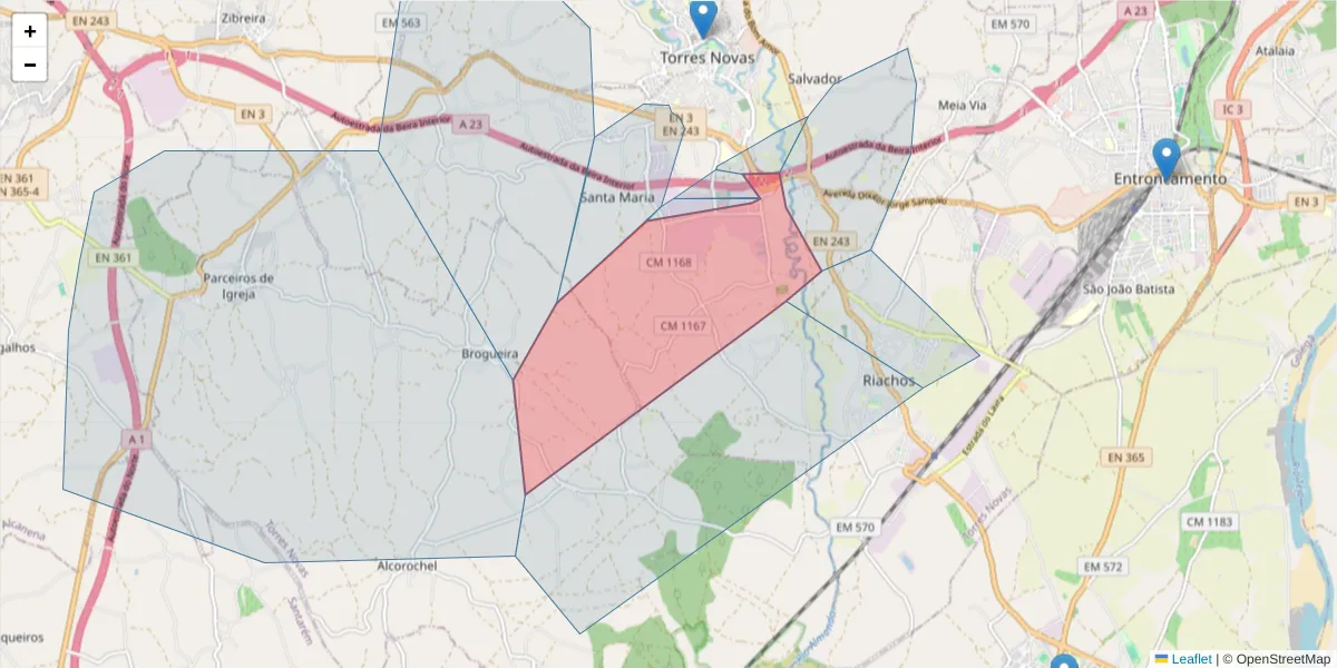 Mapa detalhado do código postal 2350-484 com limites, códigos postais vizinhos e agências dos correios