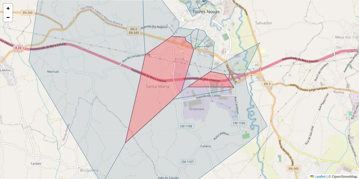 Mapa detalhado do código postal 2350-537 com limites, códigos postais vizinhos e agências dos correios