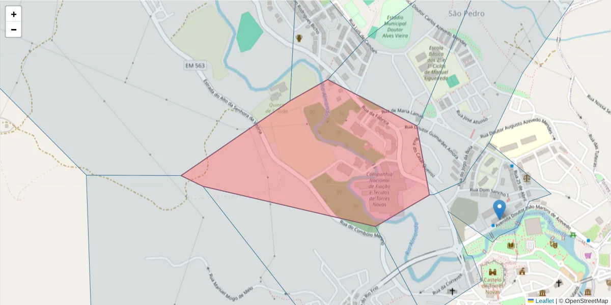 Mapa detalhado do código postal 2350-734 com limites, códigos postais vizinhos e agências dos correios