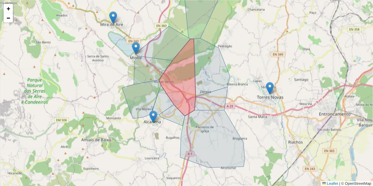 Mapa detalhado do código postal 2350-800 com limites, códigos postais vizinhos e agências dos correios
