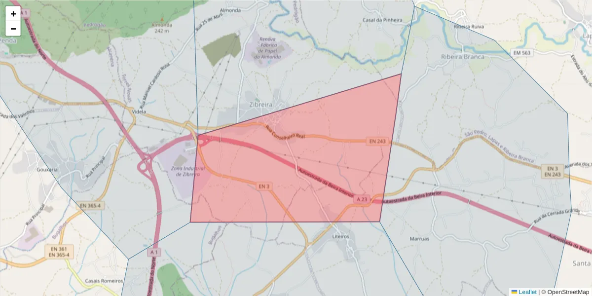 Mapa detalhado do código postal 2350-846 com limites, códigos postais vizinhos e agências dos correios