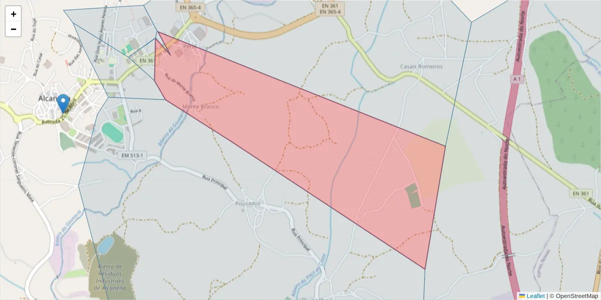 Mapa detalhado do código postal 2380-018 com limites, códigos postais vizinhos e agências dos correios