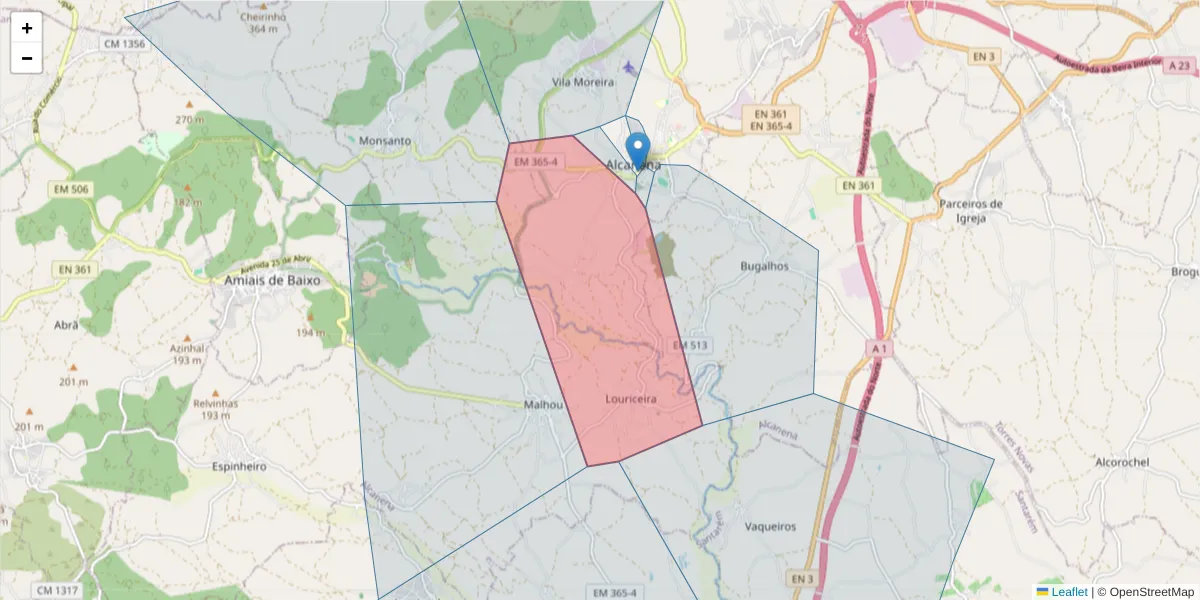 Mapa detalhado do código postal 2380-153 com limites, códigos postais vizinhos e agências dos correios