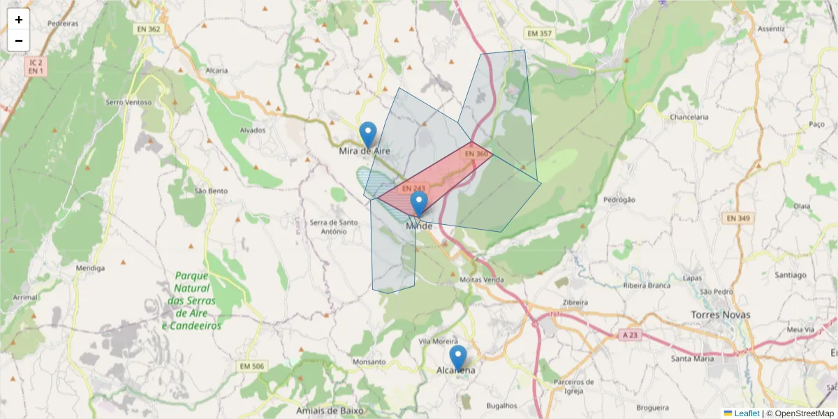 Mapa detalhado do código postal 2395-000 com limites, códigos postais vizinhos e agências dos correios