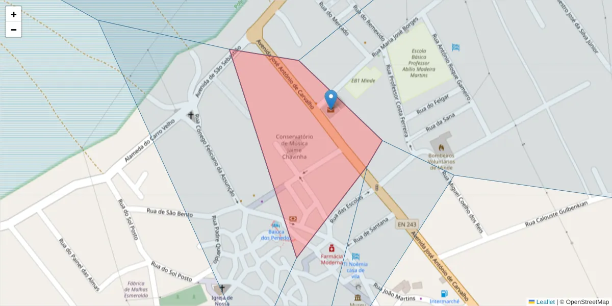 Mapa detalhado do código postal 2395-182 com limites, códigos postais vizinhos e agências dos correios