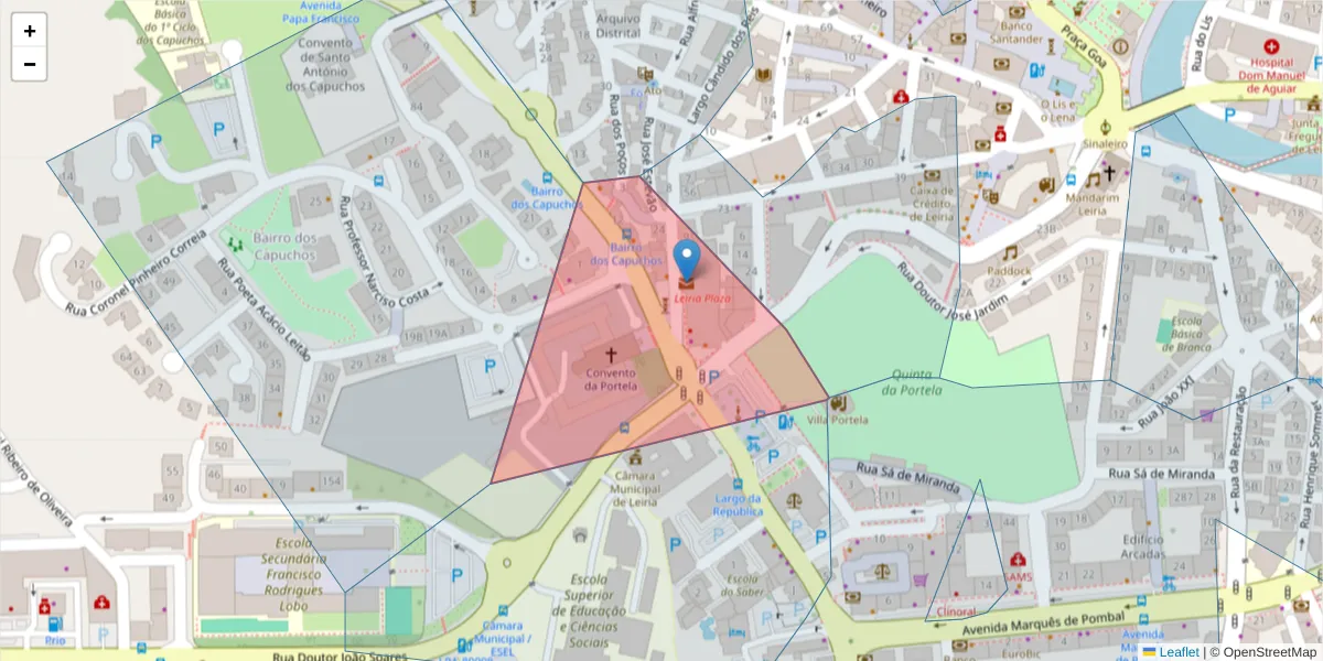 Mapa detalhado do código postal 2400-086 com limites, códigos postais vizinhos e agências dos correios