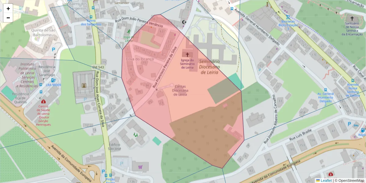 Mapa detalhado do código postal 2400-105 com limites, códigos postais vizinhos e agências dos correios