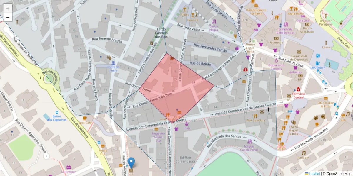 Mapa detalhado do código postal 2400-122 com limites, códigos postais vizinhos e agências dos correios
