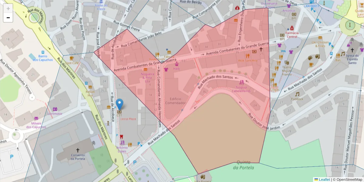 Mapa detalhado do código postal 2400-123 com limites, códigos postais vizinhos e agências dos correios