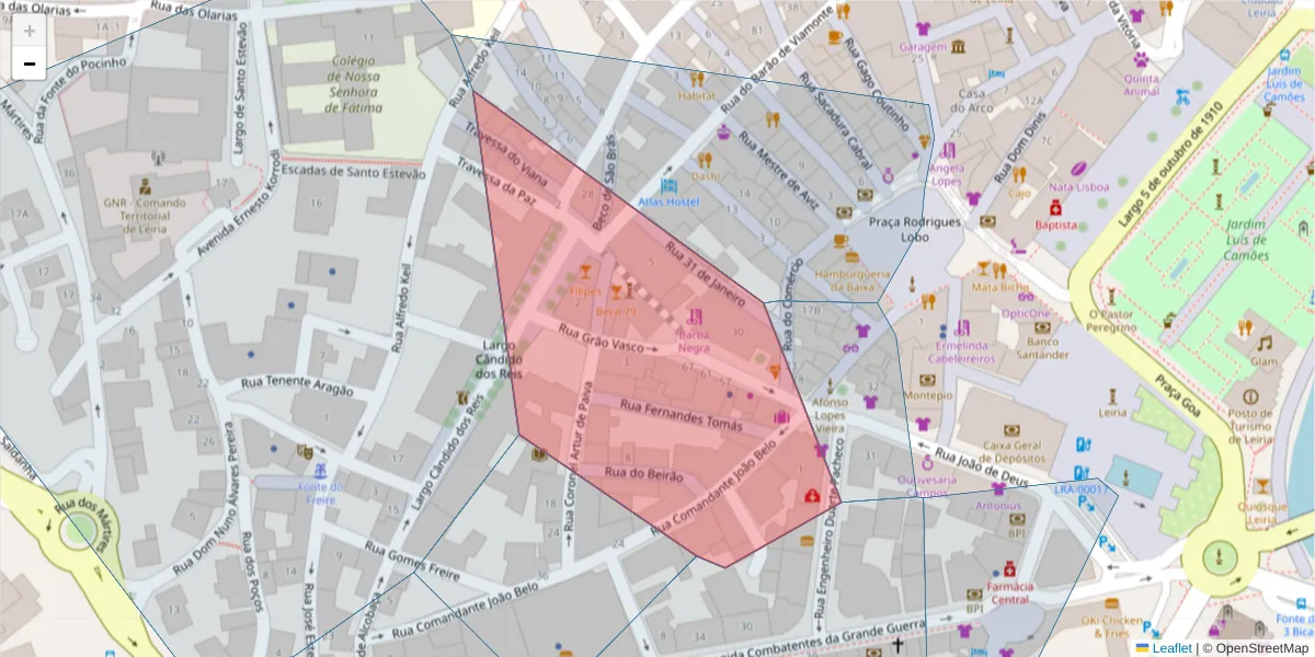 Mapa detalhado do código postal 2400-148 com limites, códigos postais vizinhos e agências dos correios