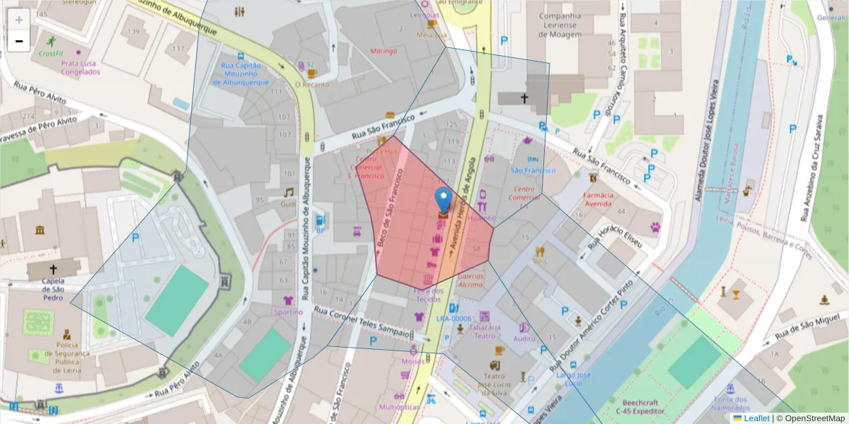 Mapa detalhado do código postal 2400-155 com limites, códigos postais vizinhos e agências dos correios
