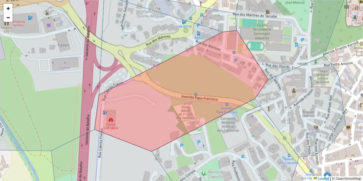 Mapa detalhado do código postal 2400-187 com limites, códigos postais vizinhos e agências dos correios