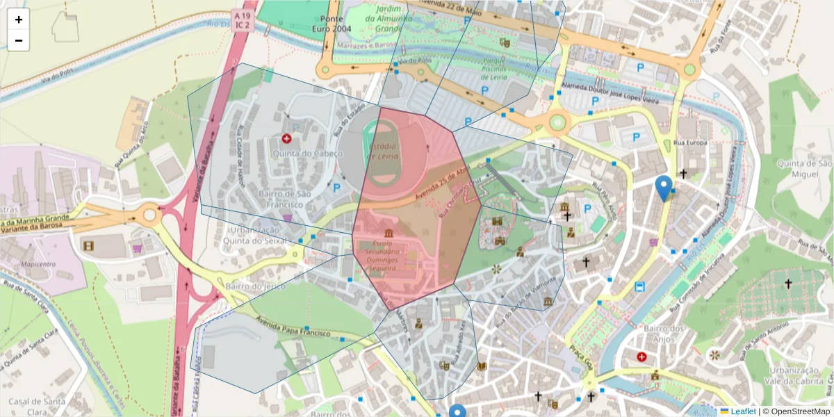 Mapa detalhado do código postal 2400-188 com limites, códigos postais vizinhos e agências dos correios