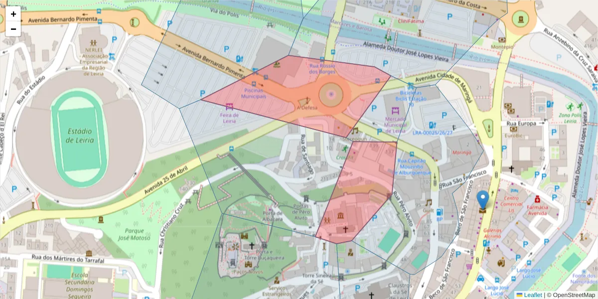 Mapa detalhado do código postal 2400-194 com limites, códigos postais vizinhos e agências dos correios