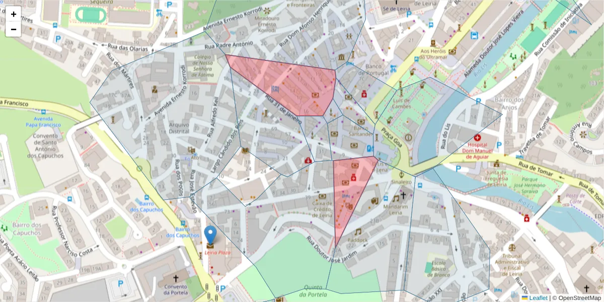 Mapa detalhado do código postal 2400-217 com limites, códigos postais vizinhos e agências dos correios