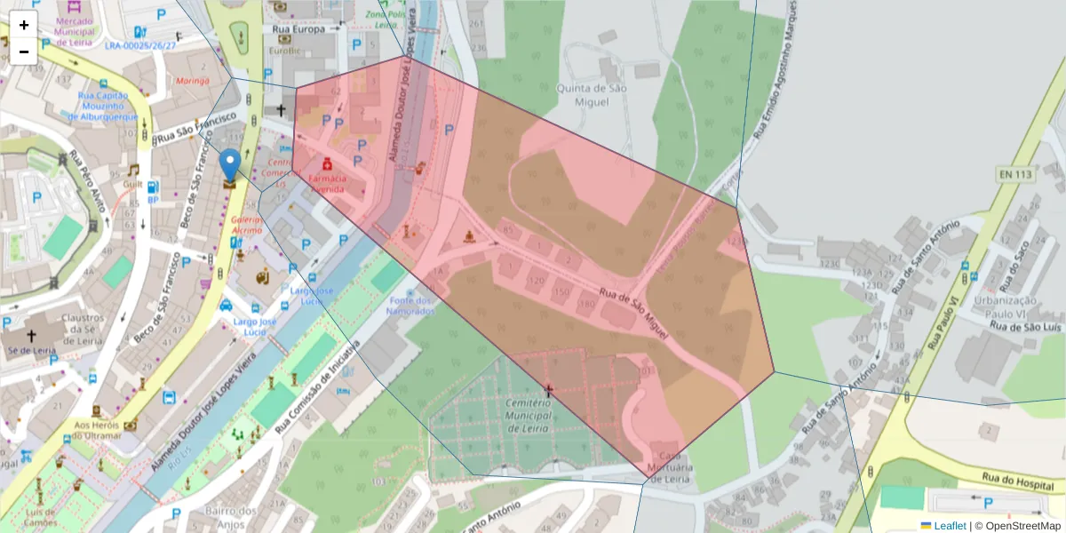 Mapa detalhado do código postal 2400-231 com limites, códigos postais vizinhos e agências dos correios