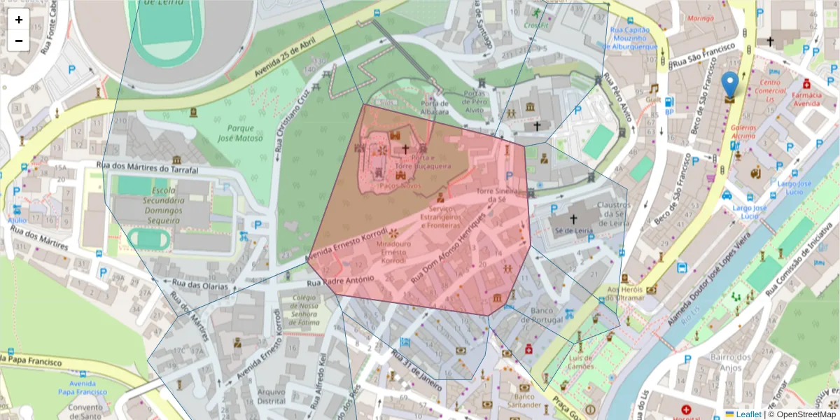 Mapa detalhado do código postal 2400-261 com limites, códigos postais vizinhos e agências dos correios