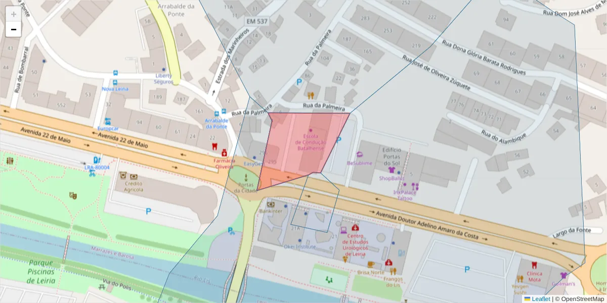 Mapa detalhado do código postal 2400-367 com limites, códigos postais vizinhos e agências dos correios