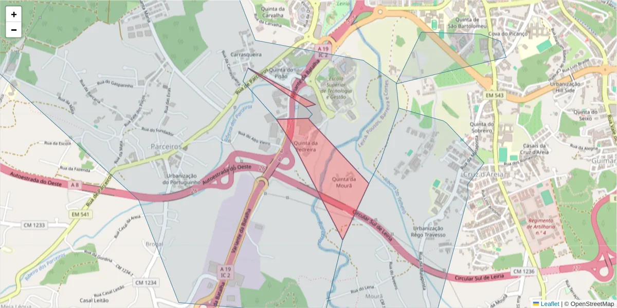 Mapa detalhado do código postal 2400-822 com limites, códigos postais vizinhos e agências dos correios