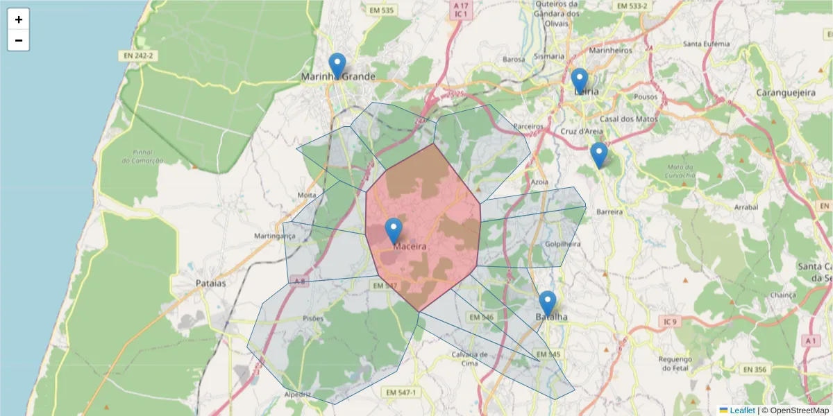 Mapa detalhado do código postal 2405-029 com limites, códigos postais vizinhos e agências dos correios
