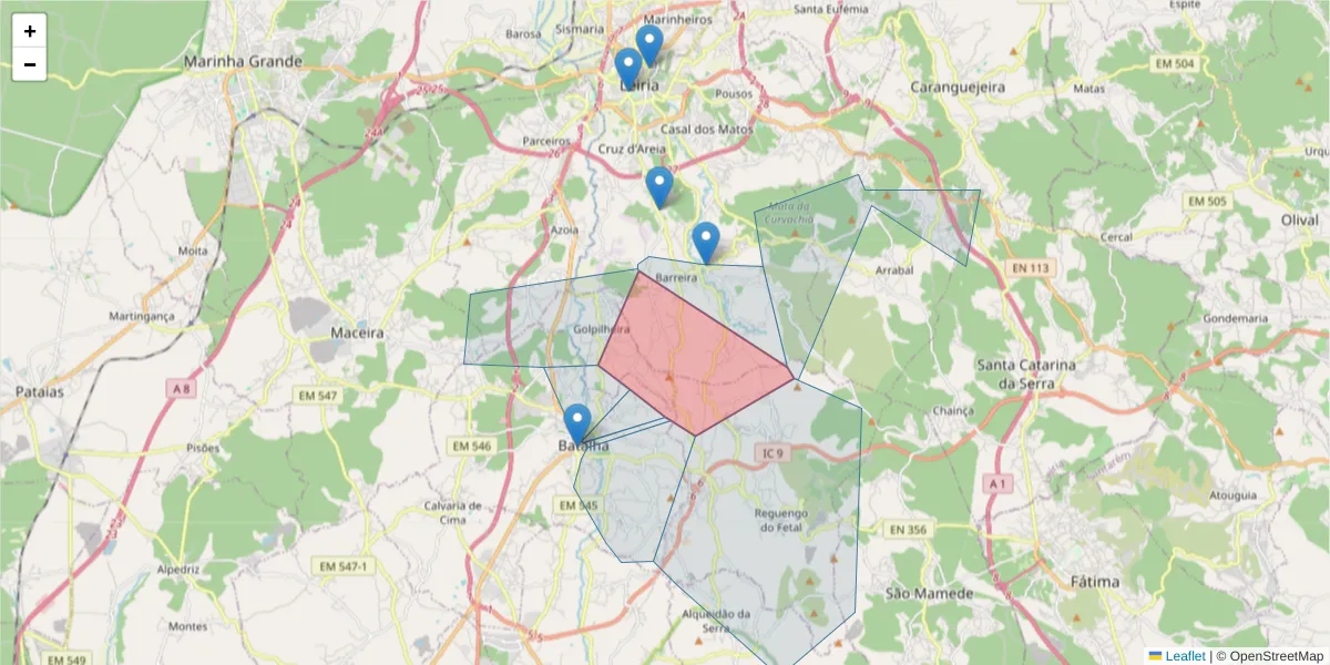 Mapa detalhado do código postal 2410-023 com limites, códigos postais vizinhos e agências dos correios