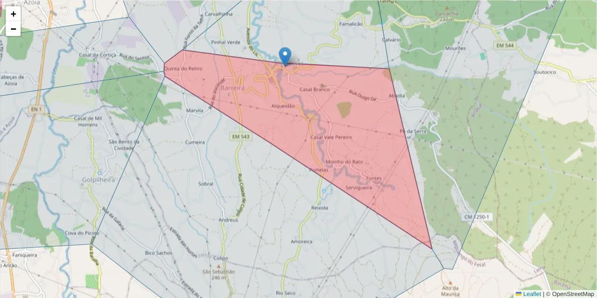 Mapa detalhado do código postal 2410-024 com limites, códigos postais vizinhos e agências dos correios