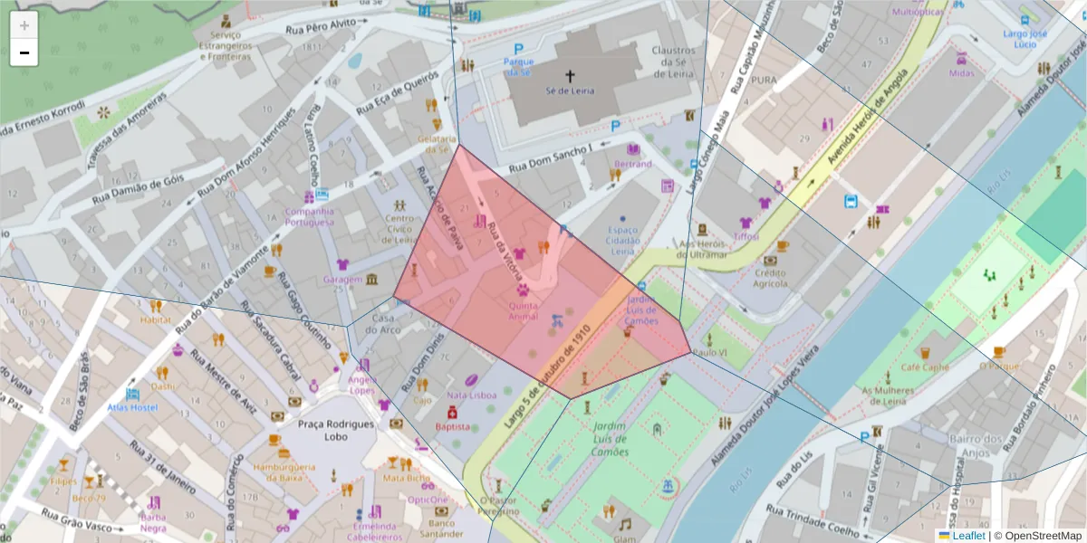 Mapa detalhado do código postal 2410-076 com limites, códigos postais vizinhos e agências dos correios