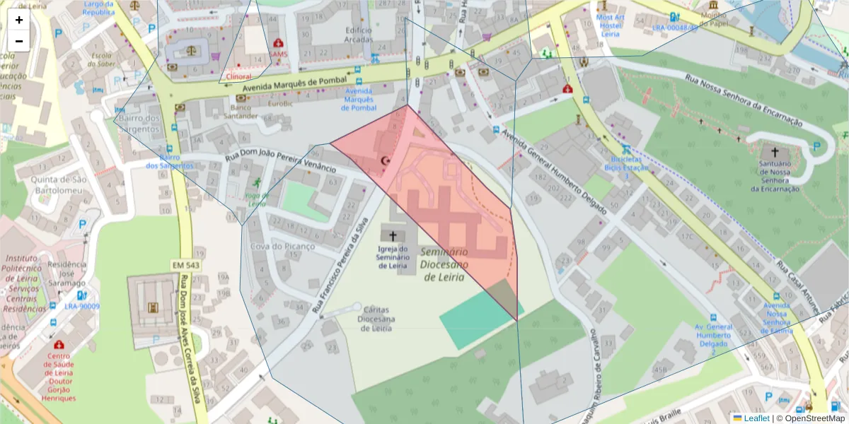 Mapa detalhado do código postal 2410-105 com limites, códigos postais vizinhos e agências dos correios