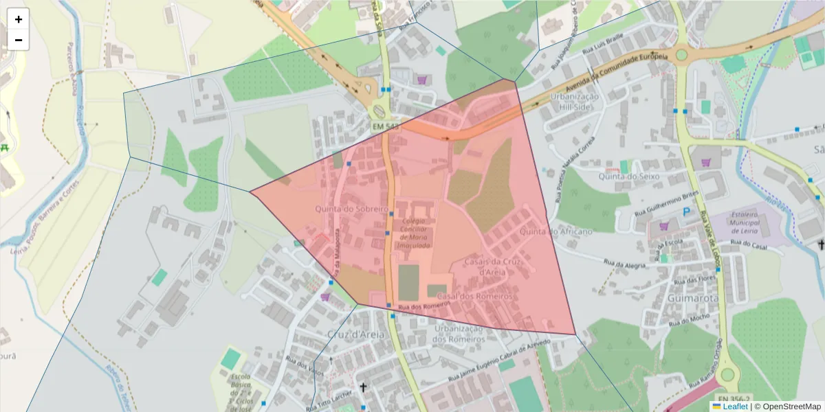 Mapa detalhado do código postal 2410-117 com limites, códigos postais vizinhos e agências dos correios