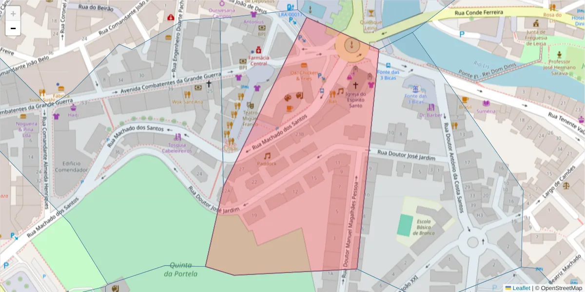 Mapa detalhado do código postal 2410-128 com limites, códigos postais vizinhos e agências dos correios