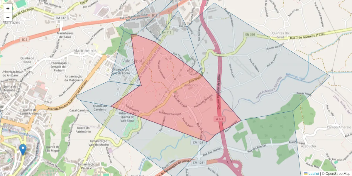 Mapa detalhado do código postal 2410-147 com limites, códigos postais vizinhos e agências dos correios