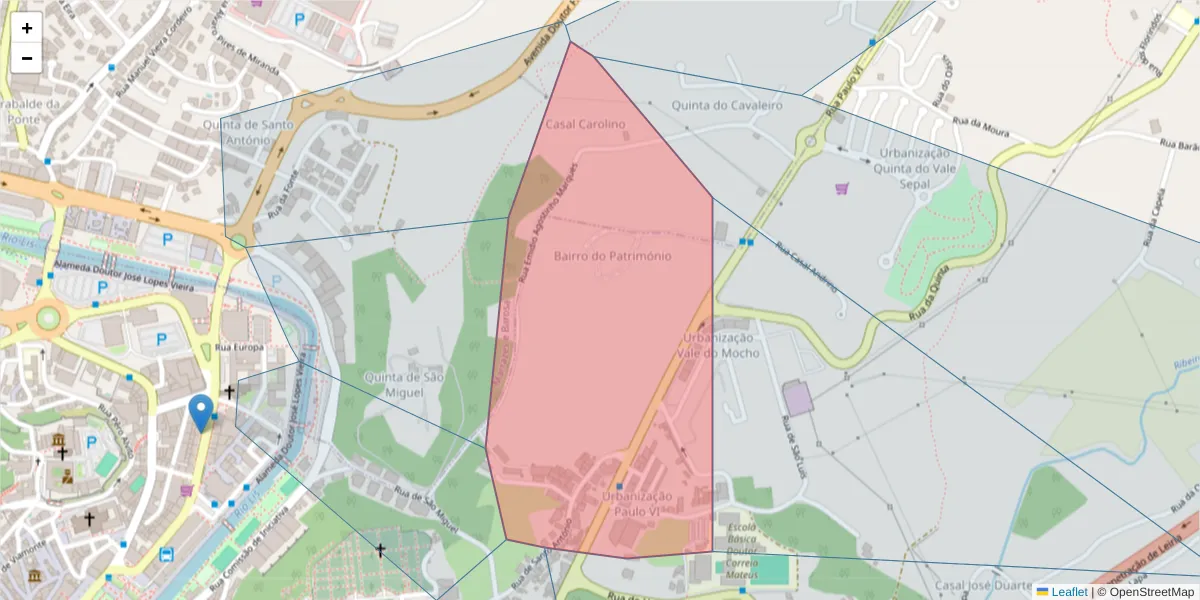 Mapa detalhado do código postal 2410-169 com limites, códigos postais vizinhos e agências dos correios
