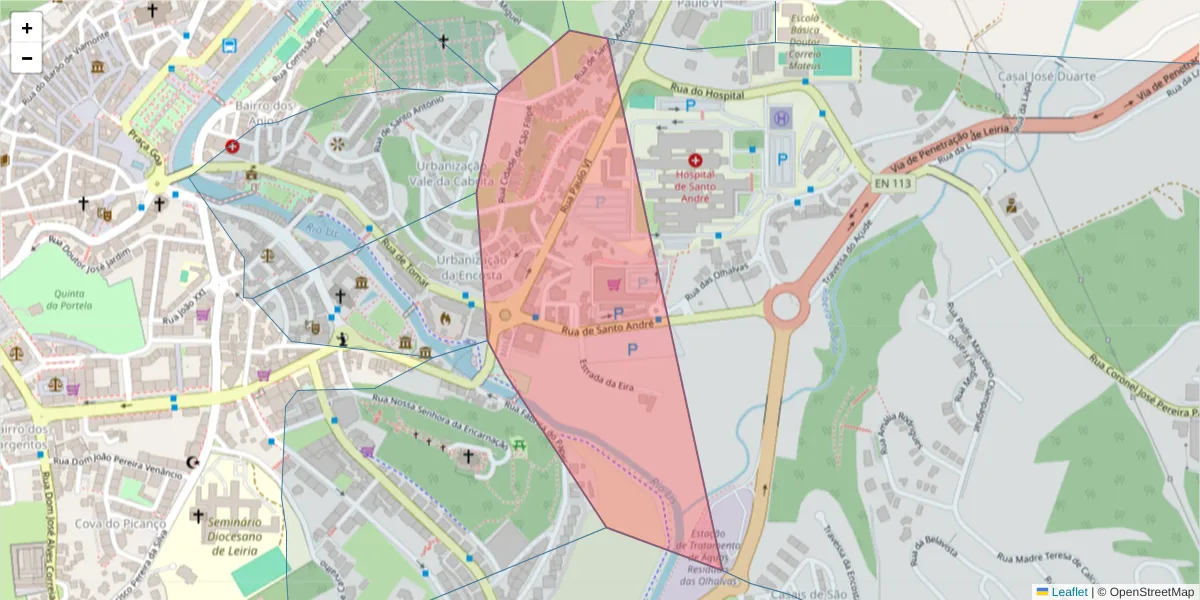 Mapa detalhado do código postal 2410-198 com limites, códigos postais vizinhos e agências dos correios