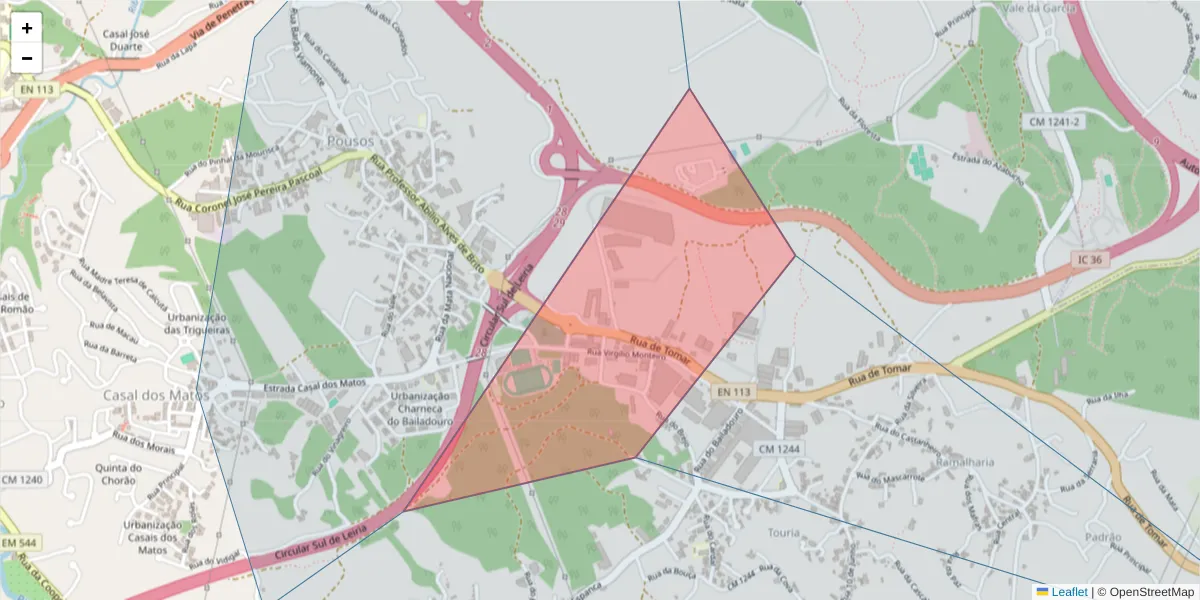 Mapa detalhado do código postal 2410-211 com limites, códigos postais vizinhos e agências dos correios