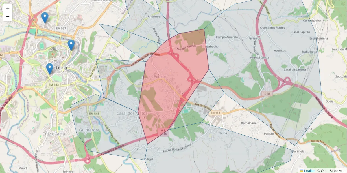 Mapa detalhado do código postal 2410-219 com limites, códigos postais vizinhos e agências dos correios