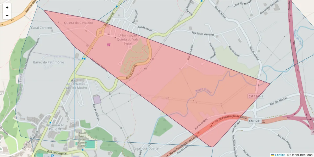 Mapa detalhado do código postal 2410-279 com limites, códigos postais vizinhos e agências dos correios