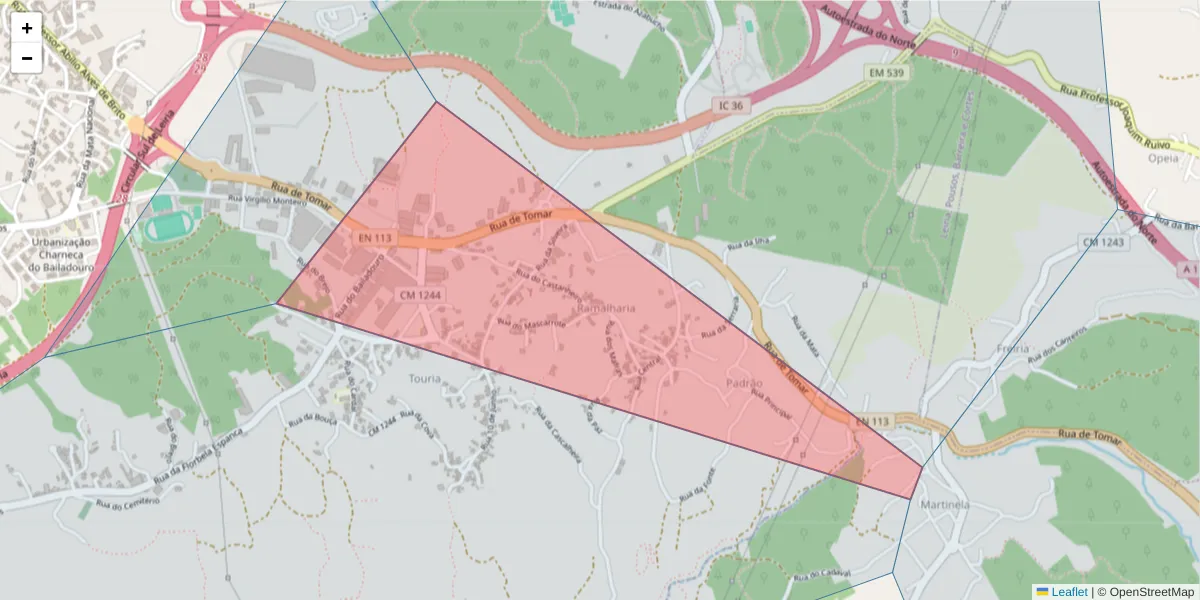 Mapa detalhado do código postal 2410-494 com limites, códigos postais vizinhos e agências dos correios