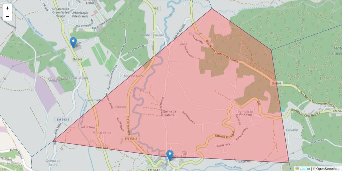 Mapa detalhado do código postal 2410-525 com limites, códigos postais vizinhos e agências dos correios