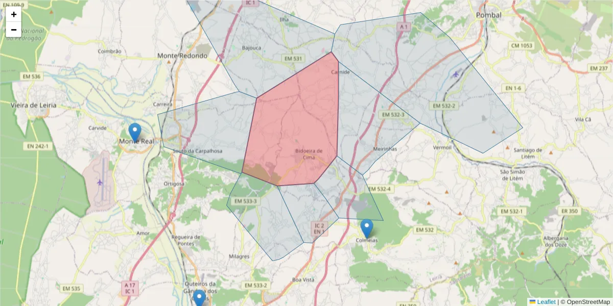 Mapa detalhado do código postal 2415-002 com limites, códigos postais vizinhos e agências dos correios
