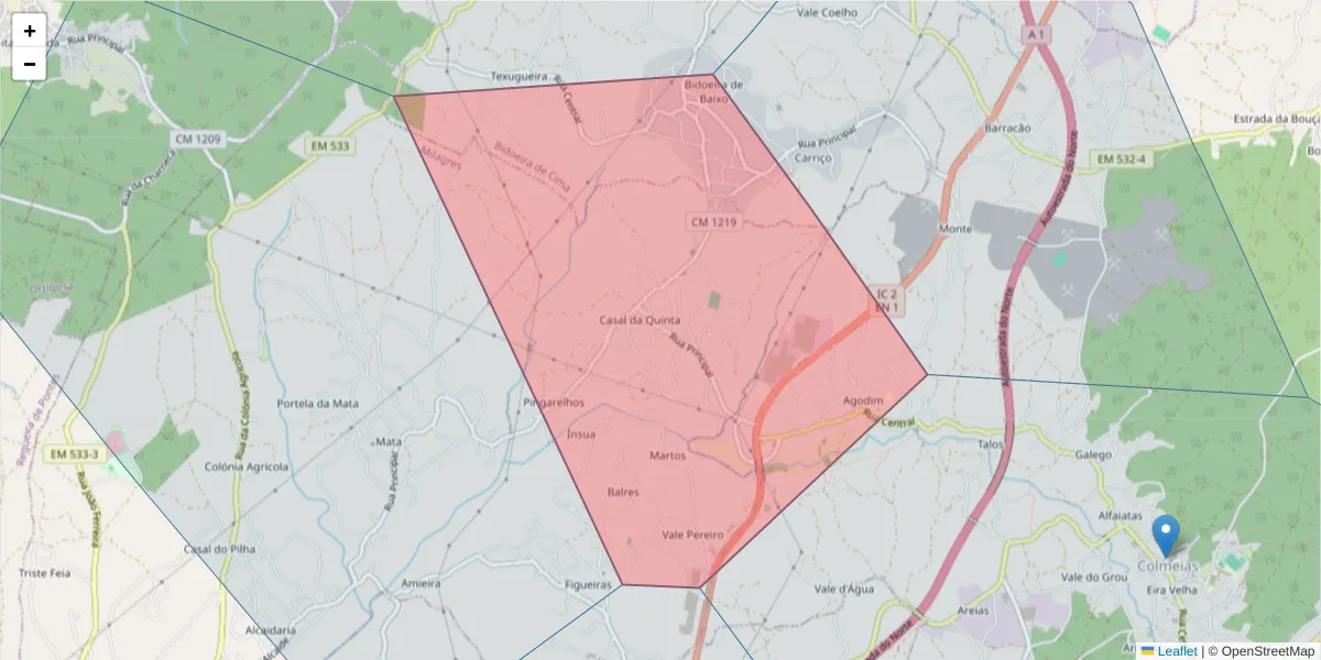 Mapa detalhado do código postal 2415-013 com limites, códigos postais vizinhos e agências dos correios