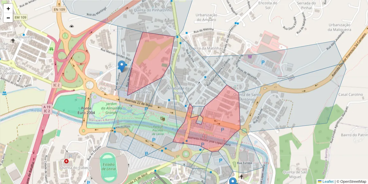 Mapa detalhado do código postal 2415-367 com limites, códigos postais vizinhos e agências dos correios