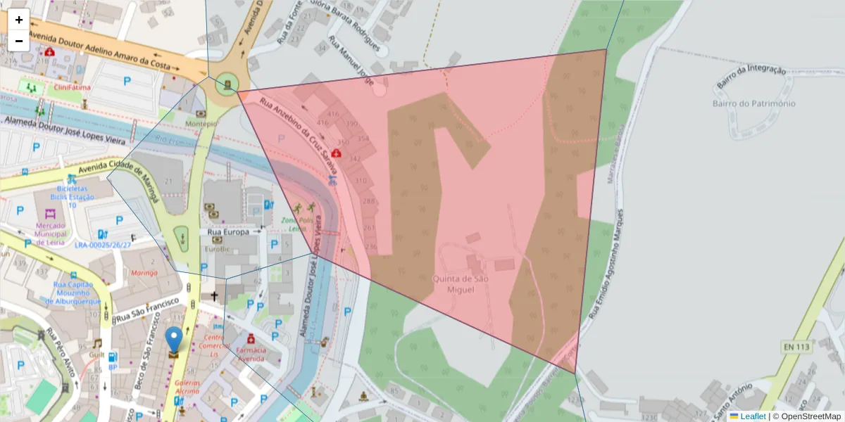 Mapa detalhado do código postal 2415-371 com limites, códigos postais vizinhos e agências dos correios