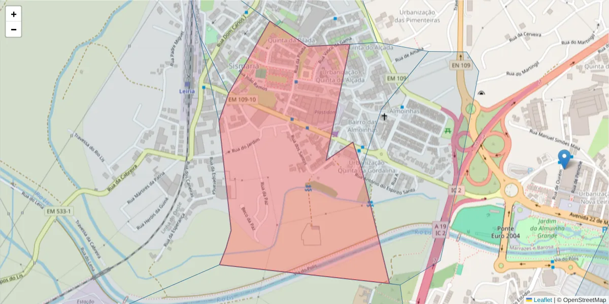 Mapa detalhado do código postal 2415-408 com limites, códigos postais vizinhos e agências dos correios