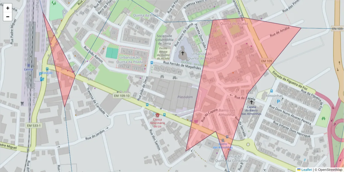 Mapa detalhado do código postal 2415-409 com limites, códigos postais vizinhos e agências dos correios