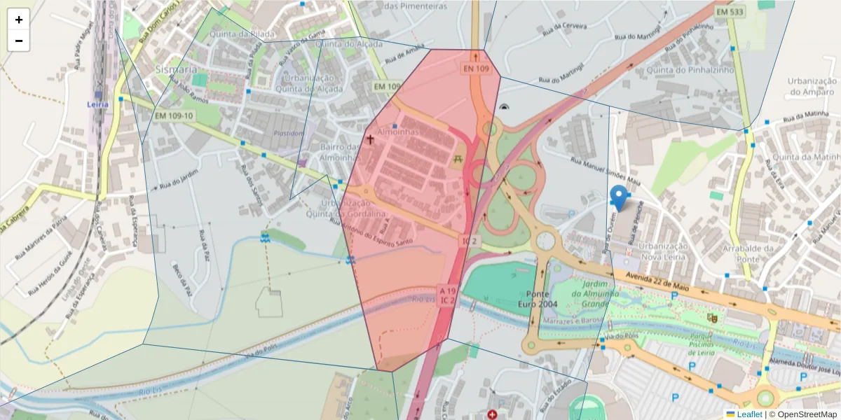 Mapa detalhado do código postal 2415-440 com limites, códigos postais vizinhos e agências dos correios