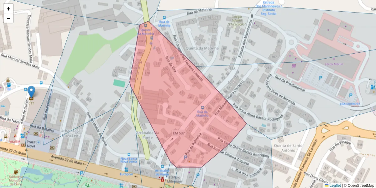 Mapa detalhado do código postal 2415-582 com limites, códigos postais vizinhos e agências dos correios