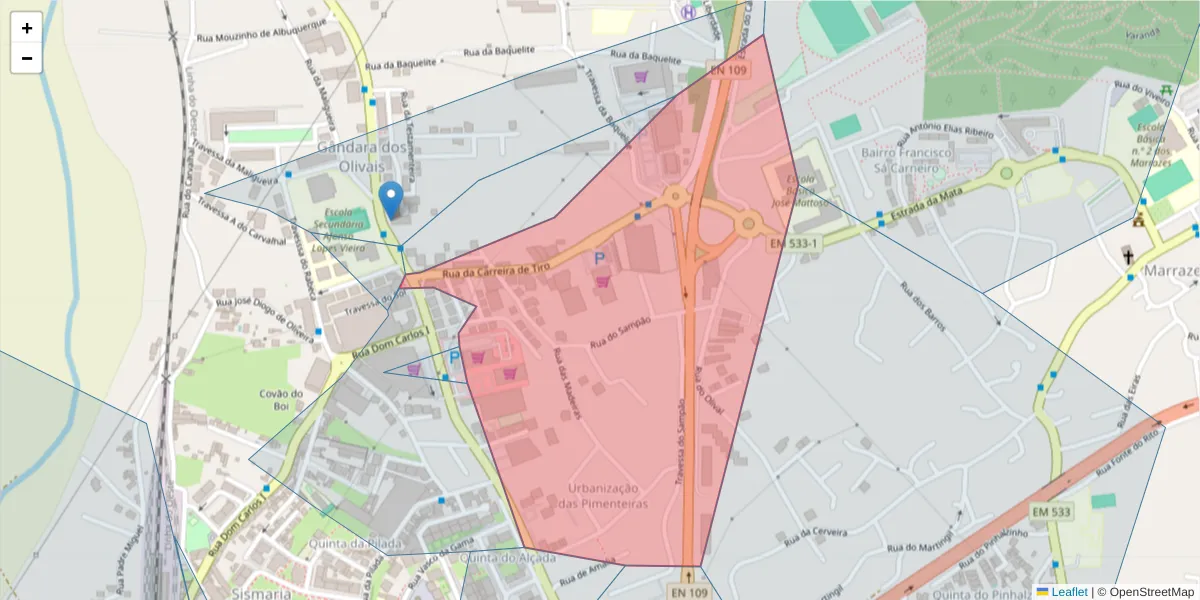 Mapa detalhado do código postal 2415-598 com limites, códigos postais vizinhos e agências dos correios