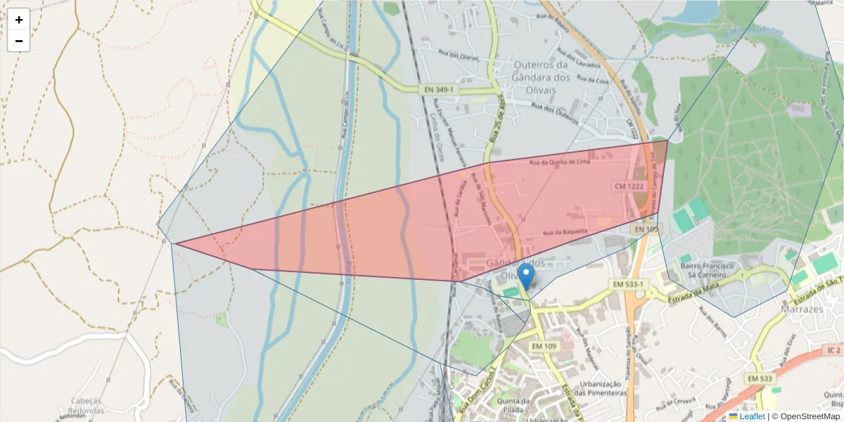 Mapa detalhado do código postal 2415-602 com limites, códigos postais vizinhos e agências dos correios